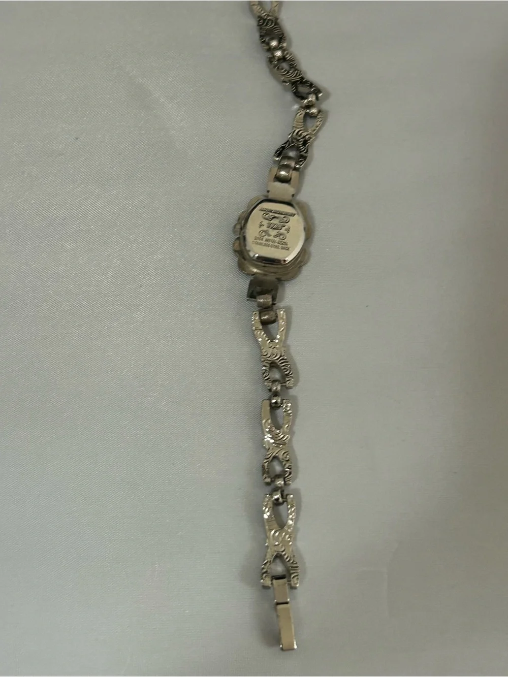1928 Silver-Tone Floral Link Bracelet Watch with Black Dial
